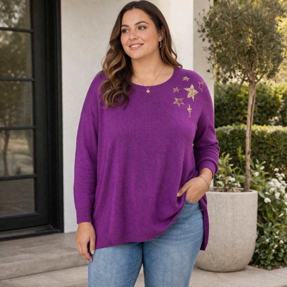 Lane Bryant Purple PInk Crew Neck Star Sequin NWT Sweater 18/20